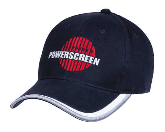A navy cap with a white trim featuring a logo on the front.