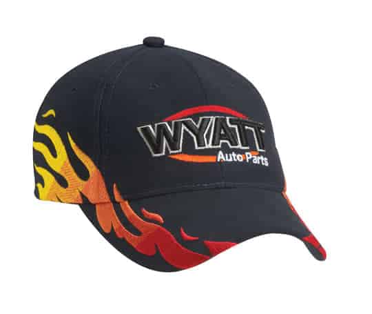 A black cap with yellow and red flame designs, featuring a logo on the front.