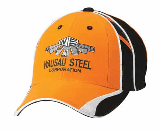 An orange and black cap featuring an embroidered logo on the front and contrast stitching.