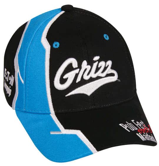 A black and blue cap featuring a logo and embroidered text on the front and side.