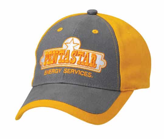 A cap with a grey front panel and yellow peak, featuring a logo on the front.