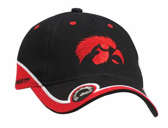 A black and red cap featuring a logo, with stitching details and a curved brim.