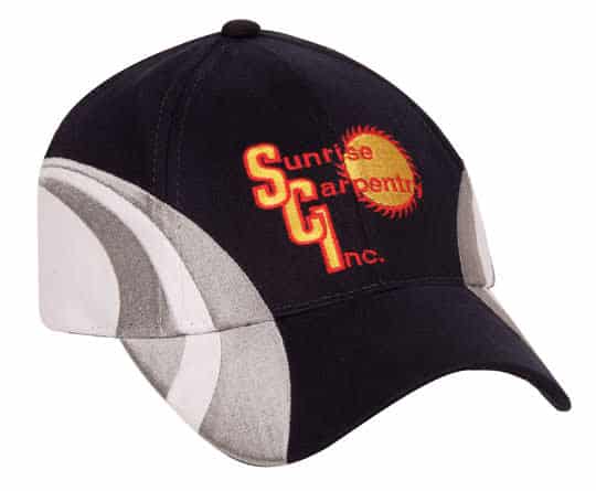 A black and grey cap featuring a logo on the front side.