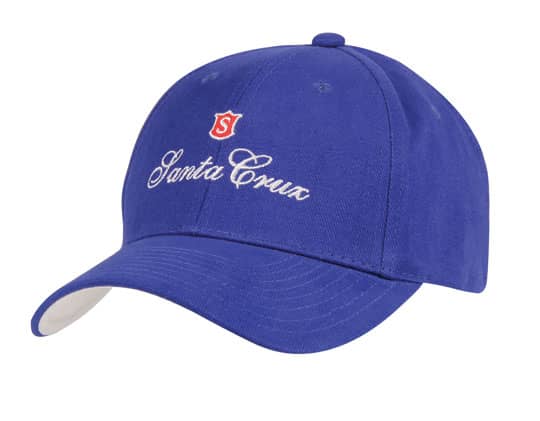 A blue cap featuring a logo and white embroidery with the text "Santa Cruz."