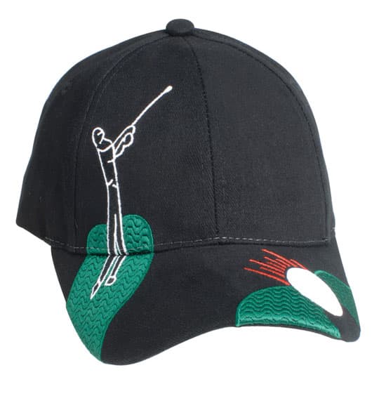 A black cap featuring a golf motif with green and white accents, and a logo on the side.