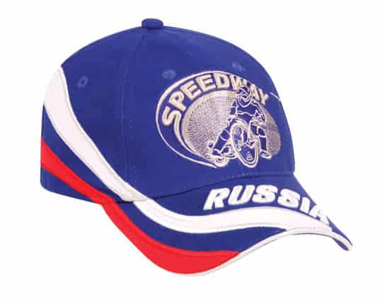 A blue cap with white and red accents, featuring a logo and embroidered design.