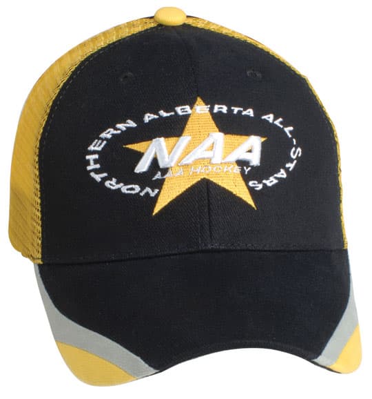 A black and yellow cap featuring a logo, with a star design and reflective accents.