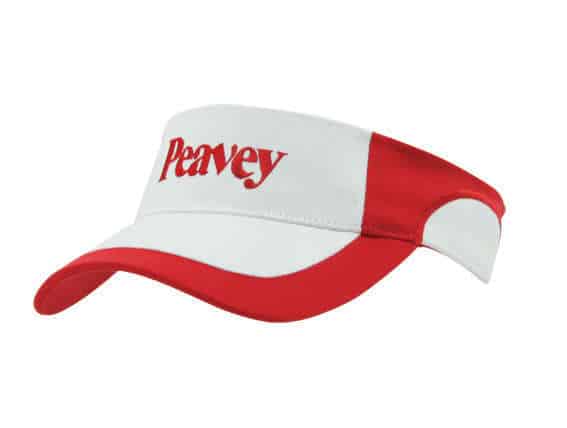 A red and white visor with an adjustable band and a logo on the front.
