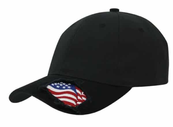 A black cap featuring a distressed design with an American flag on the underside of the brim and a logo.
