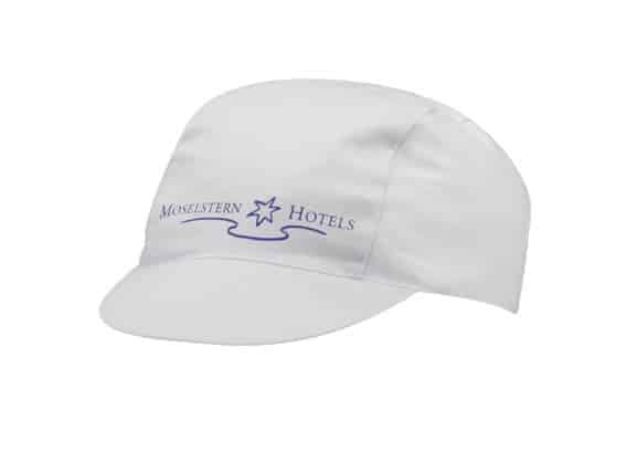 A white cap with a front peak and a logo. Suitable for various occasions.
