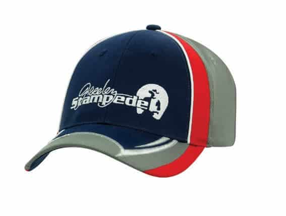 A navy, grey, and red cap featuring a logo and sporty design. Ideal for headwear collection.