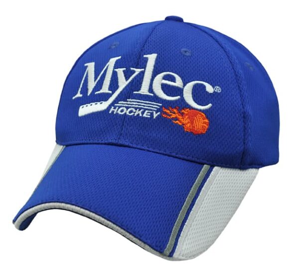 A blue cap with a white mesh underside and a logo on the front. Features include a sporty design and curved brim.