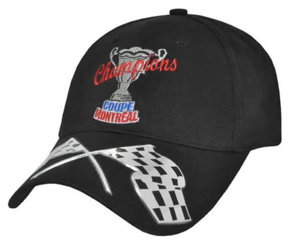 A black cap with embroidered text and a logo, featuring a trophy and checkered flags design.