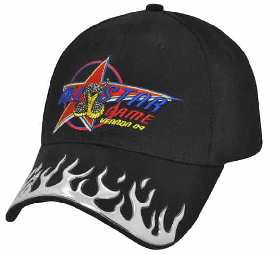 A black cap with a flame design on the brim and an embroidered logo featuring a star and a snake.