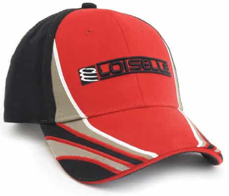 A red and black cap with a contrasting beige design and a logo on the front.