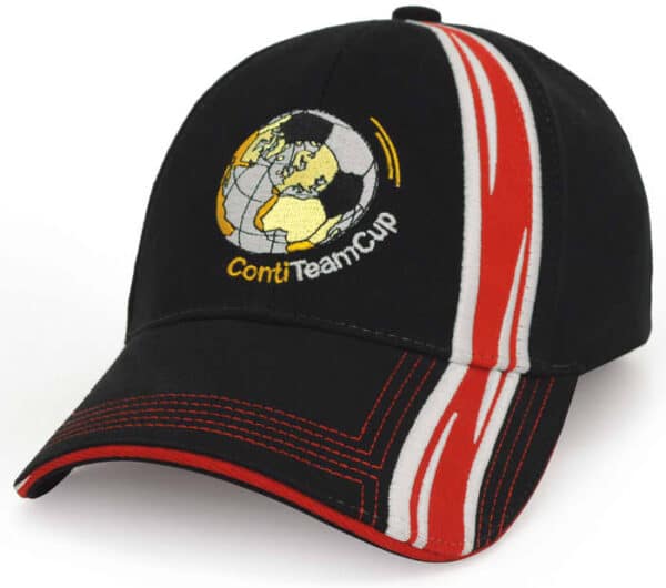 A black cap featuring a globe design and contrasting red stitching, with a logo on the front.