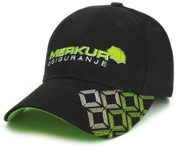 A black cap with green accents and a logo. The peak features a digital number pattern.