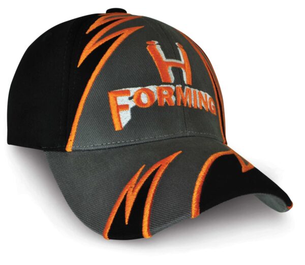A black and grey cap with orange stitching and a logo featuring the word "FORMING."