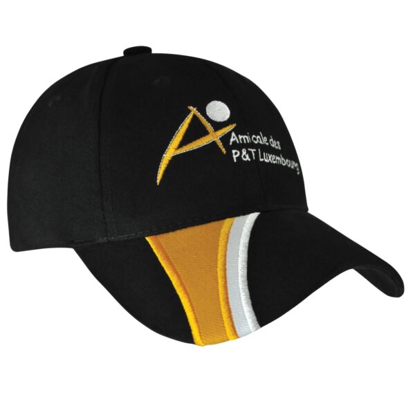 A black cap featuring a logo and accents in yellow and white, with a curved peak.