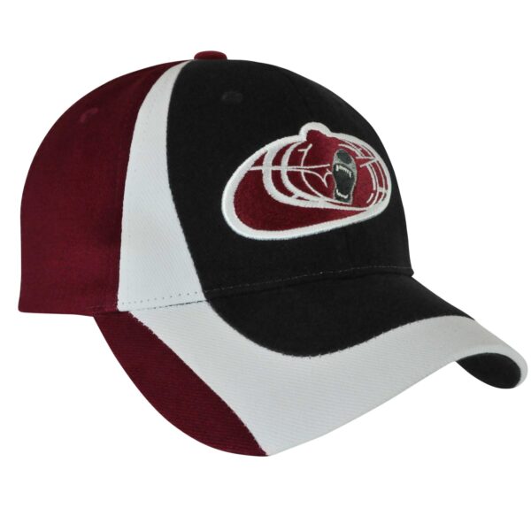 A black, burgundy, and white cap featuring a logo on the front. The cap has a curved brim and a structured design.