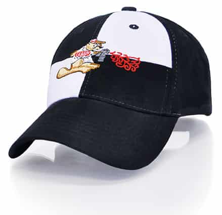 A black and white cap featuring an embroidered design. The cap has a curved brim and a logo.