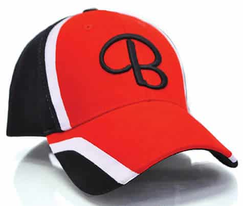 A red and black cap featuring a logo on the front, with a sporty design and contrasting white details.