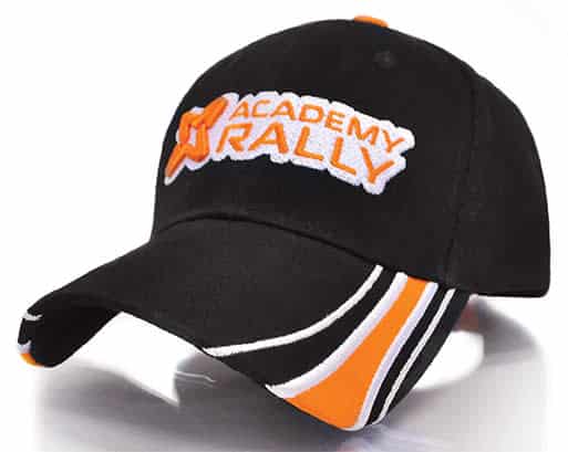 A black cap featuring orange and white accents, with a logo on the front.