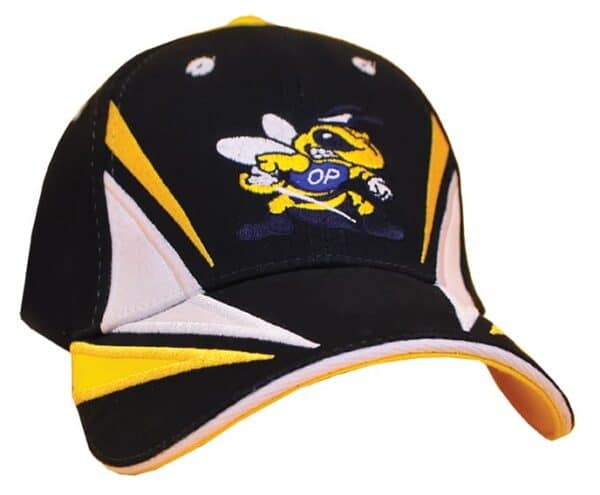 A black cap with yellow and white accents, featuring an embroidered bee logo on the front.