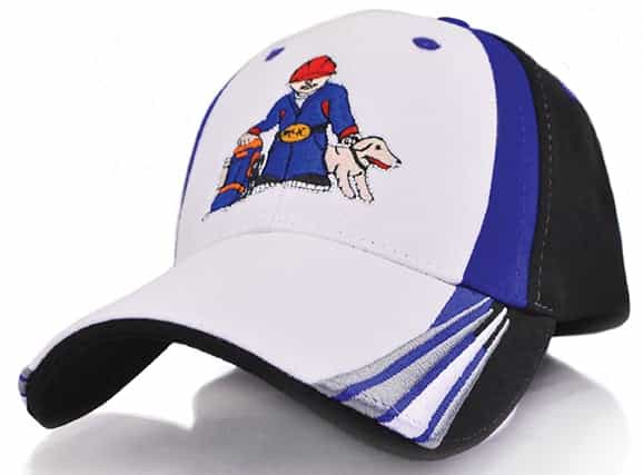 A cap featuring a blue, white, and black design with an embroidered character holding a dog.