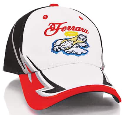 A cap featuring a white base, black panels, and a red brim, with an embroidered logo on the front.