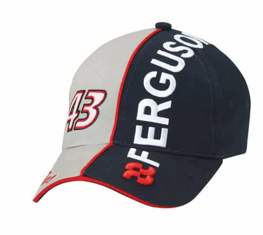 A navy and grey cap featuring red accents and a logo, with embroidered text on the front and side.