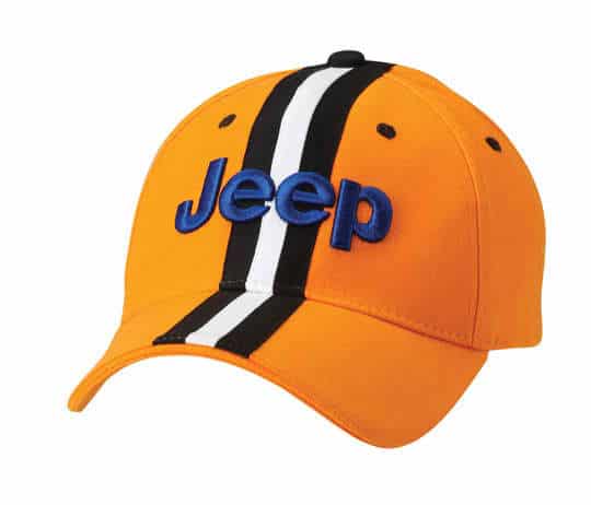 An orange cap with black and white stripes and a logo. The cap features a structured design and curved brim.