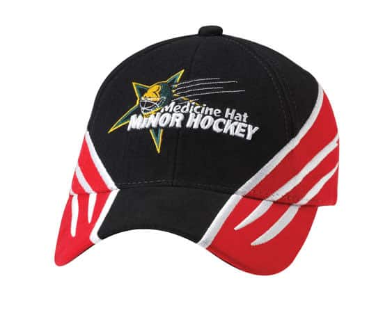 A black and red cap featuring a logo and striped design.