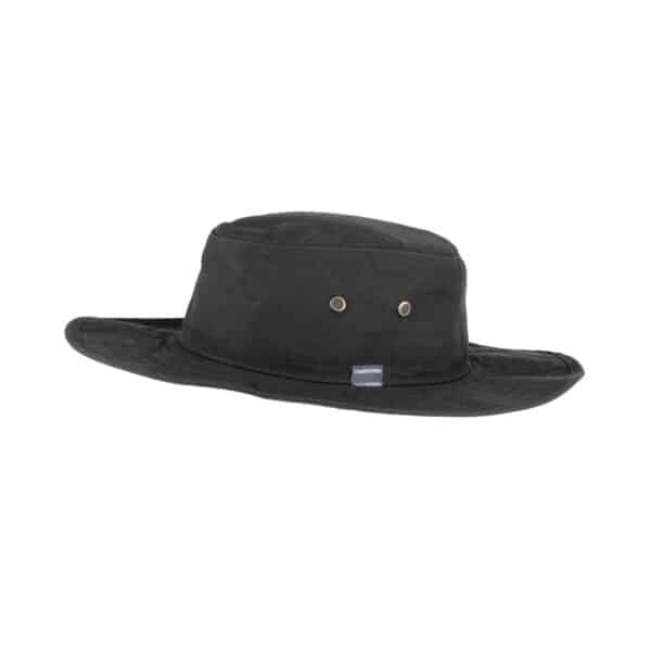 A black bucket hat with a wide brim and ventilation eyelets, featuring a logo on the band.