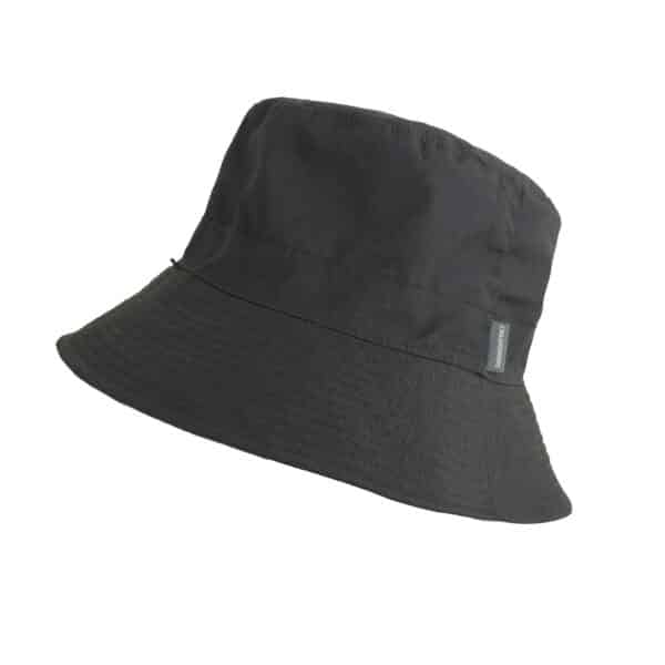 A black reversible sun hat with a wide brim and a logo on the side. Ideal for outdoor wear.