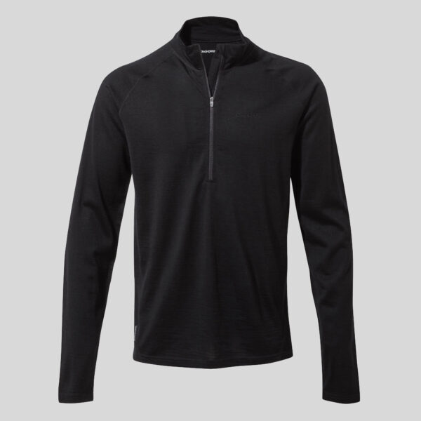 A black Merino half zip long sleeve baselayer top with a zippered collar and branding.