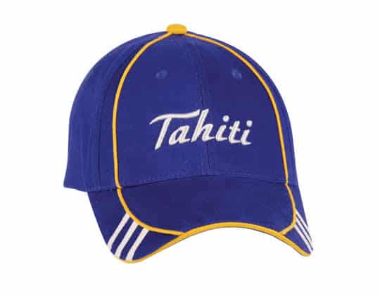 A blue cap with yellow and white detailing, featuring a logo on the front and striped accents on the sides.