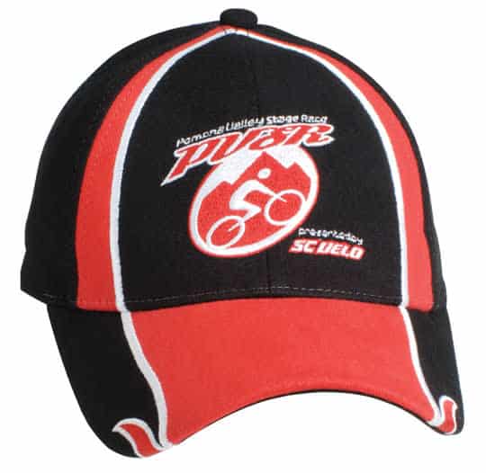 A black and red cap featuring a logo, with a design for cycling events.