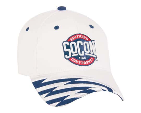 A white cap with a blue and white patterned brim and a logo on the front.