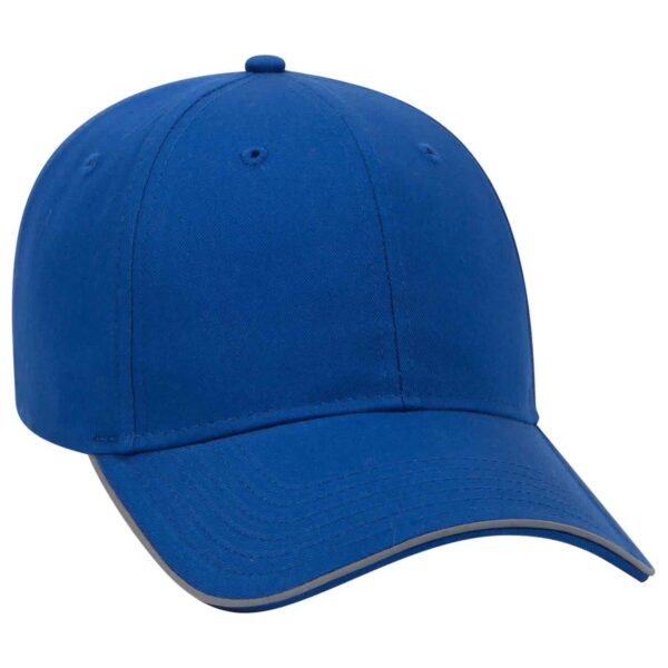 A blue reflective six-panel baseball cap with a curved brim and a logo on the front.