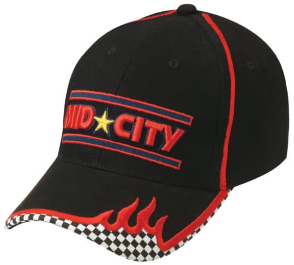 A black cap featuring red accents and a checkered pattern on the brim, with a logo on the front.