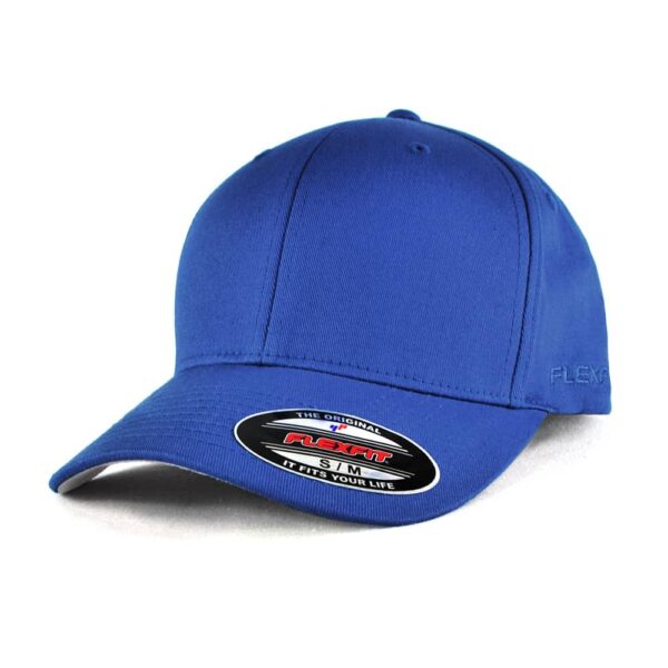 A blue cap with a curved brim and a Flexfit logo. The cap has a smooth, fitted design.