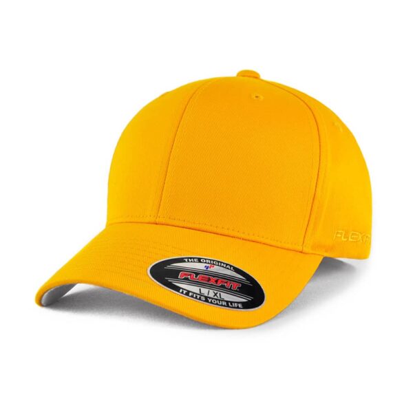 A yellow cap with a structured design and a black logo, featuring a curved brim.