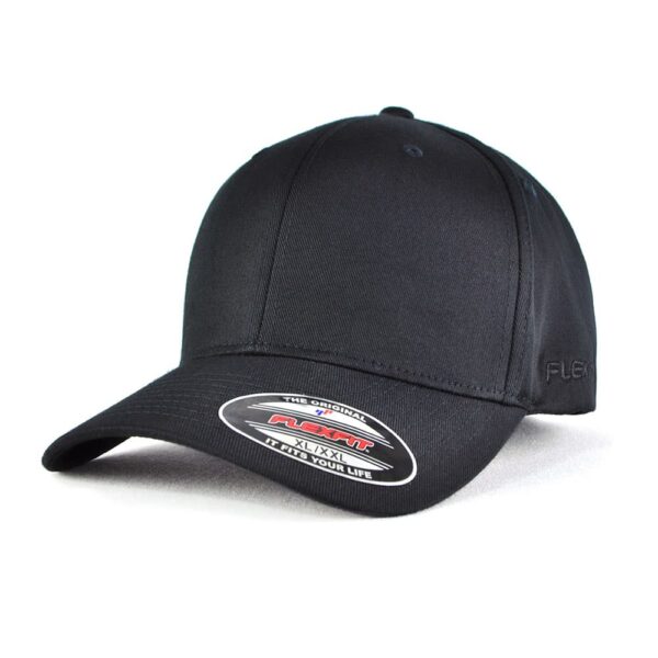 A black cap featuring a sleek design and a logo, part of the FLEXFIT headwear range.