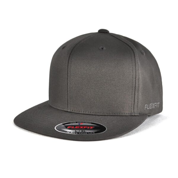 A grey cap featuring a structured design and a logo, part of the FLEXFIT headwear collection.