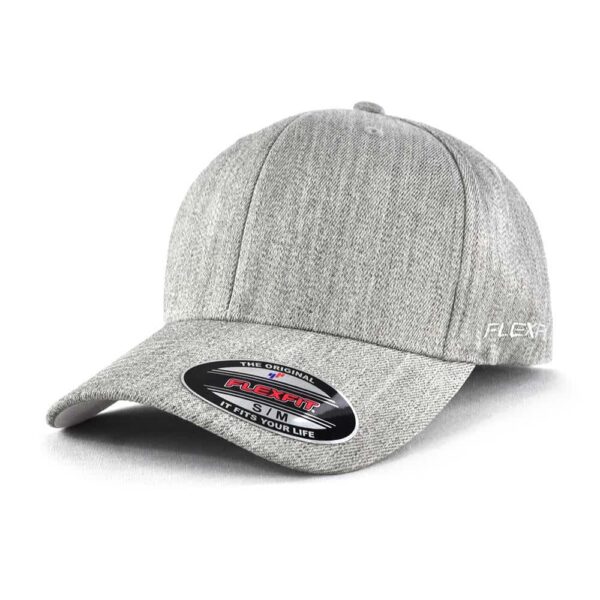 A grey cap with a rounded crown and a curved brim, featuring a logo on the side.