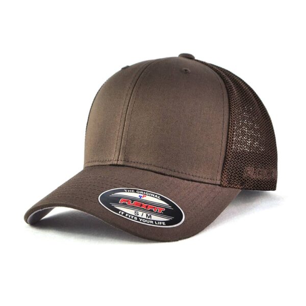 A brown trucker cap with a mesh rear, featuring a logo on the front and a curved brim.