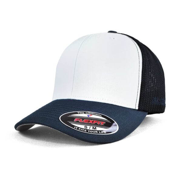 A navy and white trucker cap with a mesh back and a branded label on the front.