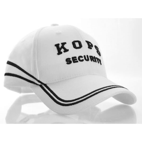 A white cap with black stitching, featuring the text "KOPS SECURITY" and a logo.