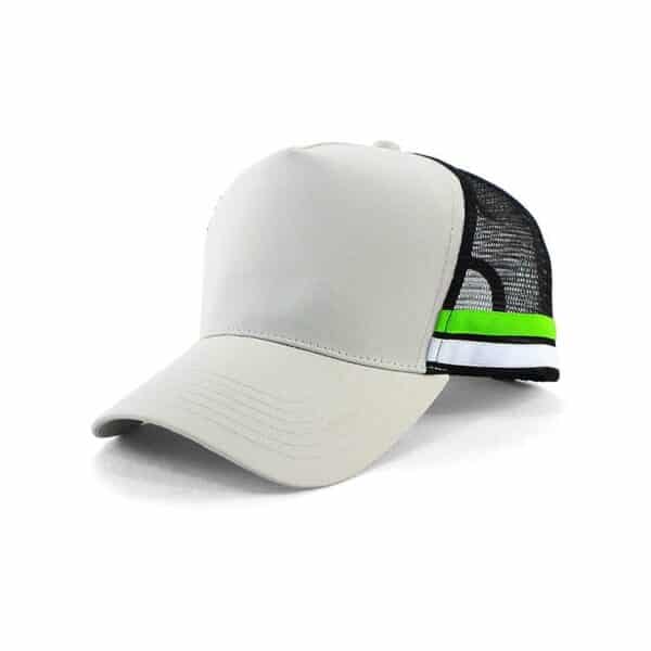 A grey and black trucker cap featuring a mesh back and a green and white stripe detail. It has a logo as well.